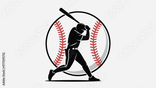 Silhouette of baseball player swinging bat in front of baseball with red stitching on white background