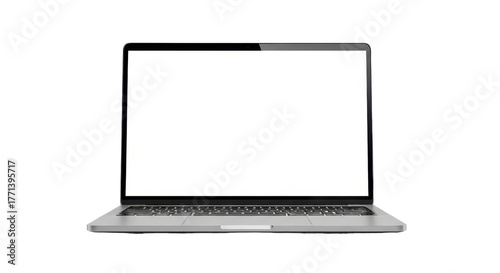 Modern silver laptop computer with a blank white screen, isolated on a white background.