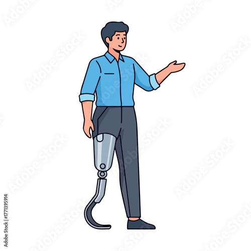 Young man with a prosthetic leg standing and gesturing.