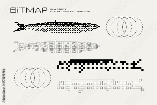 Bitmap Vector Ocean Elements, Anchovy Fish Pixel Art, Retro 8-Bit Minimal Abstract Illustration, Textured Graphic Design Assets