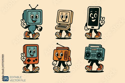 Retro Cartoon Characters of Electronic Devices Walking with Happ