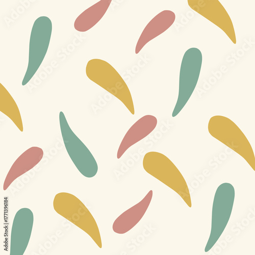 Abstract pattern with organic brushstrokes in muted tones. Seamless modern design in sage green, mustard yellow, and dusty pink on a light background. Ideal for fabric, stationery, and wallpaper.