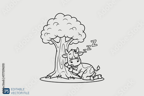 Cute cartoon cow sleeping peacefully under a tree in black and w