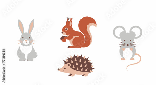 Cartoon forest animals set rabbit squirrel hedgehog and mouse illustration