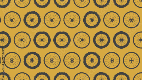 A seamless pattern of bicycle wheels with black tires and spokes on a mustard yellow background design