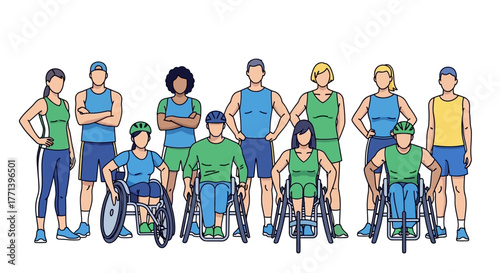 Diverse group of athletes in wheelchairs and standing, representing inclusivity and sports participation