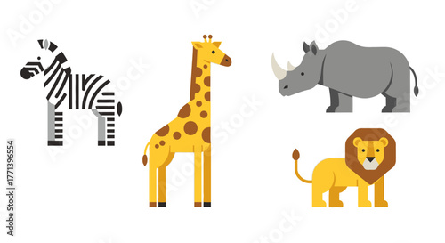 Four African animals zebra giraffe rhinoceros lion flat design illustration