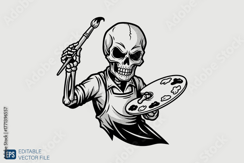 Artistic Skeleton Painter Holding Brush and Palette.