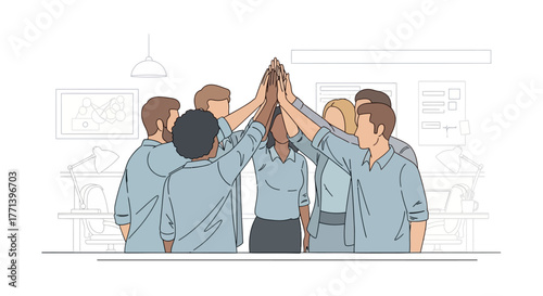 A diverse group of colleagues enthusiastically high-fiving to celebrate a shared success in the workplace