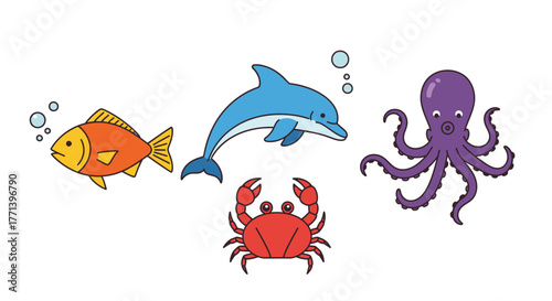 Cartoon style sea life icons fish dolphin crab octopus design elements