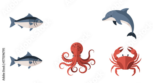 Sea life illustration set fish dolphin octopus crab on white background