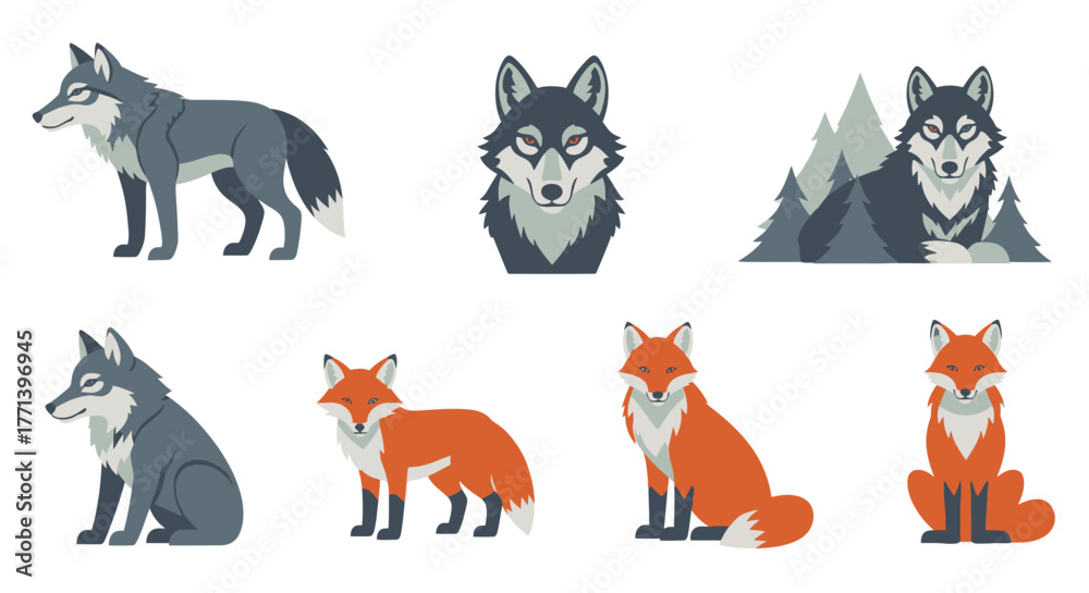 Obraz premium Stylized Foxes and Wolves Vector Set
