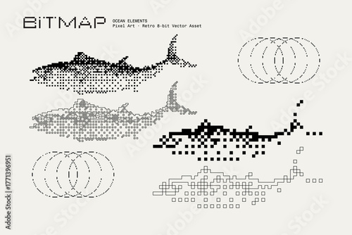 Bitmap Vector Ocean Elements, Mackerel Fish Pixel Art, Retro 8-Bit Minimal Abstract Illustration, Textured Graphic Design Assets