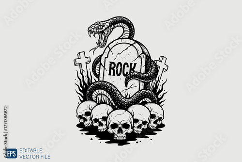 Rock and Roll Grave with Snake and Skulls.