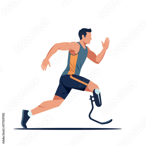 Male amputee athlete running with a prosthetic leg blade.