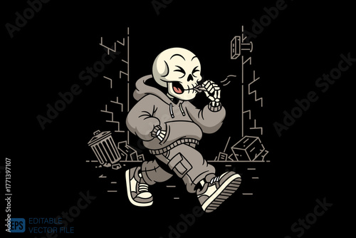 Cool Skeleton Character Walking with Hoodie and Sneakers.