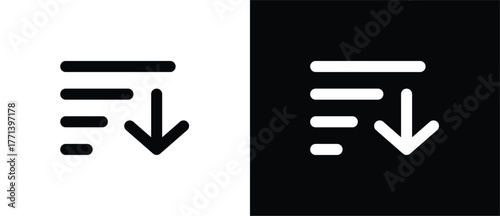Positioning icons. Flat sort and filter icons with directional arrows and list lines. Toolbar icons. Tool icons for UI and UX design with transparent and black backgrounds.