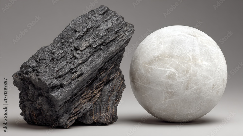 Fototapeta premium Textured black rock and smooth white sphere on soft background showcasing contrast in materials and forms in a minimalistic composition
