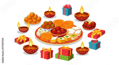 Diwali Celebration Festive Plate with Sweets, Gifts, and Lit Diya Lamps for a Happy Holiday