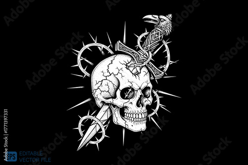 Skull and Dagger with Thorns and Raven Tattoo Design.