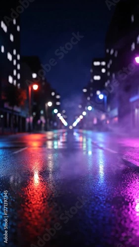 A wet, neon-lit city street at night, smoke rising, with buildings in the background