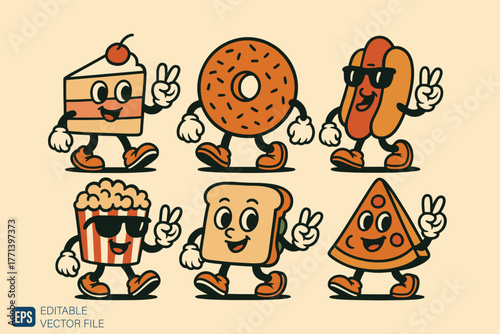 Retro Cartoon Food Characters with Peace Signs.