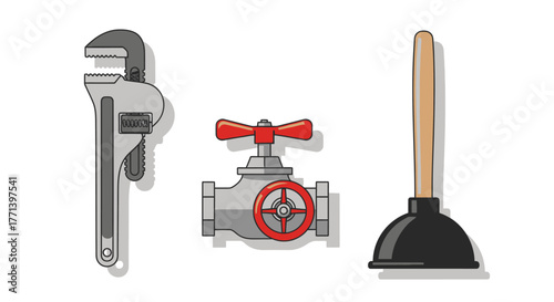 Plumbing Tools Illustration: Wrench Valve Plunger for Home Maintenance