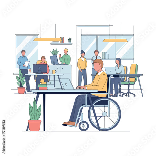 Disabled man in a wheelchair working on a laptop in an office.