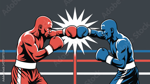 Two boxers facing off in a boxing ring with red and blue colors in a stylized vector format image