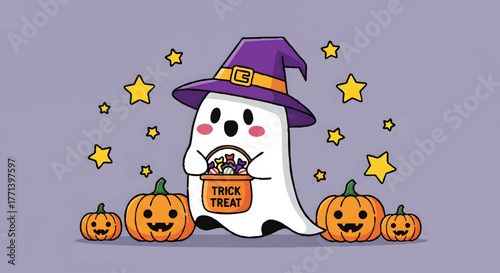 Cute Ghost With Candy Bag And Pumpkins Celebrating Halloween