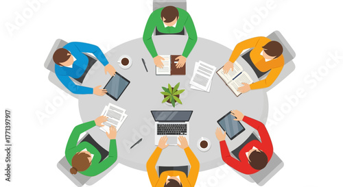 Flat vector illustration of a business team meeting around a conference table for a collaborative brainstorming session