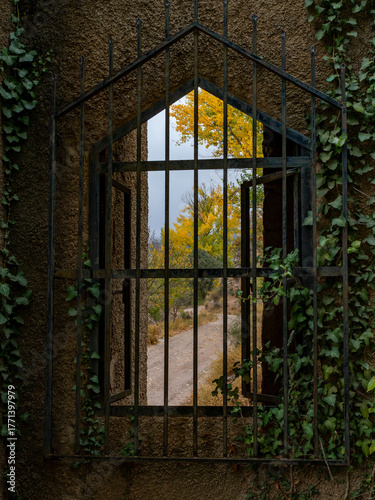 Old wooden window with bars in autumn