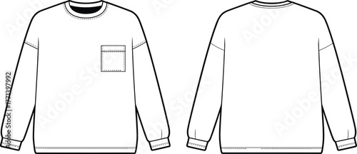 Men sweatshirt flat sketch vector template, long sleeve crew neck top with chest pocket, apparel fashion CAD technical drawing illustration