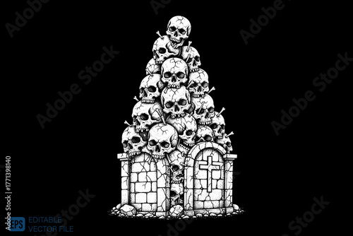 Pile of Skulls on a Tombstone with a Cross.