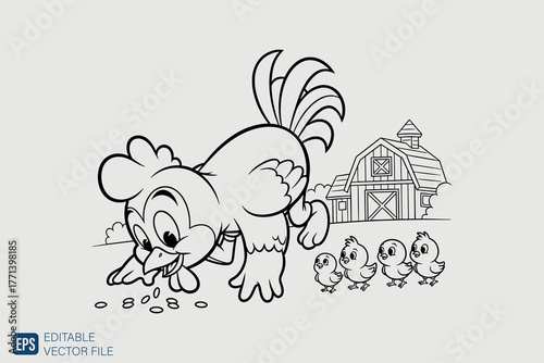 Happy Mother Hen Feeding Her Adorable Chicks.