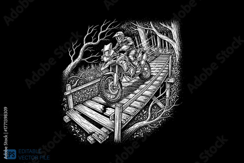 Motorcyclist Navigating a Rustic Wooden Bridge in a Dense Forest