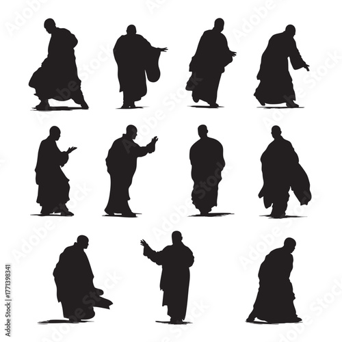 collection of illustrations of silhouettes of male monk