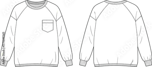 Men’s raglan sleeve sweatshirt fashion flat sketch with chest pocket, ribbed cuffs and hem, casual long sleeve pullover vector