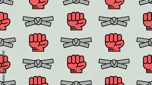 A seamless pattern of red fists and martial arts belts on a light gray background repeated evenly