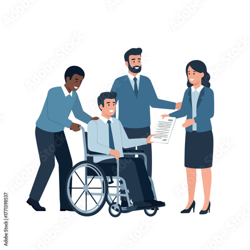 Inclusive business team supporting a colleague with a disability.