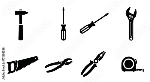 Assorted Hand Tools Black Silhouettes Construction Building and Repair Works Equipment