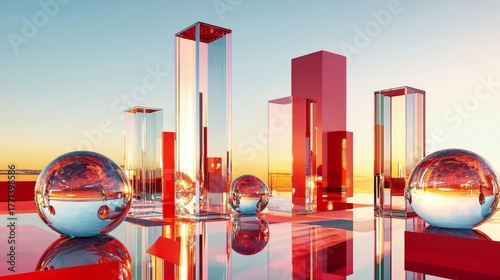 Reflective rectangular prisms and floating spheres against a sunset.