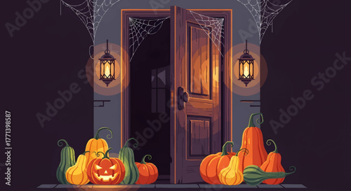 Spooky Halloween Entrance with Jack-o'-Lanterns and Gourds