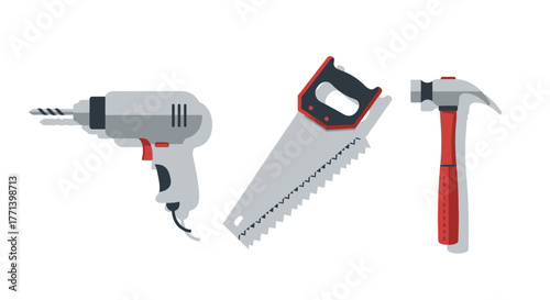 Essential Carpentry Tools Drill Saw and Hammer on White Background