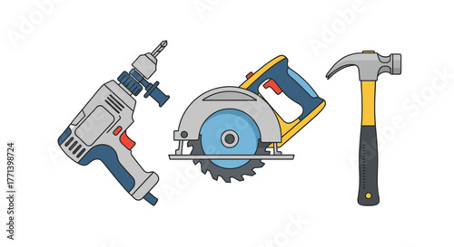 Cartoonish construction tools for workshop or home improvement projects