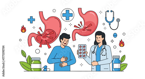 Gastrointestinal Health Medical Illustration of Stomach Issues, Treatment, and Symptoms