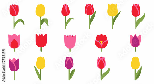 Stylized Tulip Garden Varied Colors Flat Vector Design on White