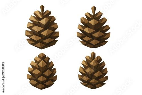 Fototapeta Naklejka Na Ścianę i Meble -  Geometric brown pine cones set in low poly 3d style, representing nature and fall season on transparent background