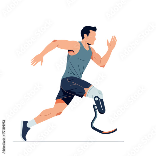 Amputee athlete with a prosthetic running blade sprinting forward.