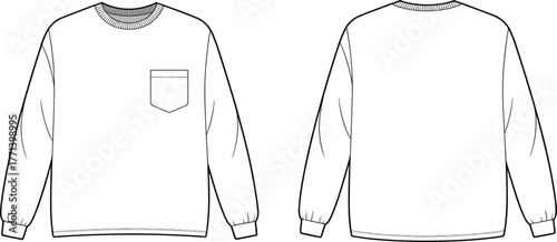Unisex crew neck sweatshirt with pocket fashion flat sketch, technical drawing vector template, casual apparel design CAD illustration front back view